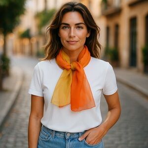 VINTAGE SCARF 70s chiffon 32" silk Scarf​ Luxury Orange Yellow Hand-rolled edge